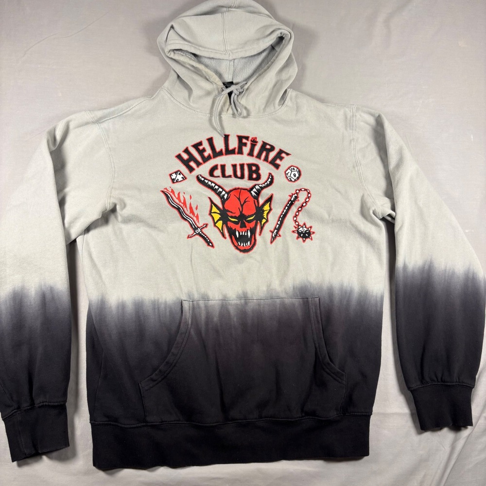 Stranger Things Hellfire Club Hoodie Men Medium Grey Black Ombre Dip Dye Netflix